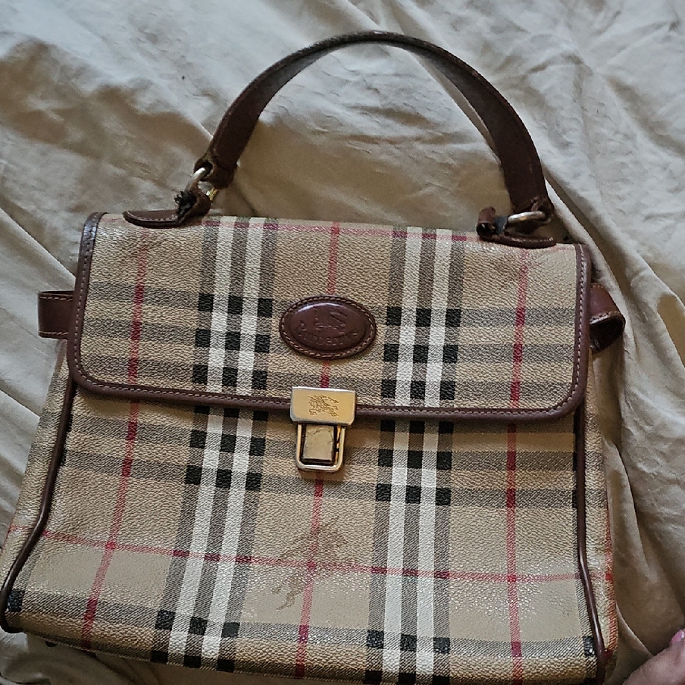 Burberry Checkered Handbag with Leather Trim